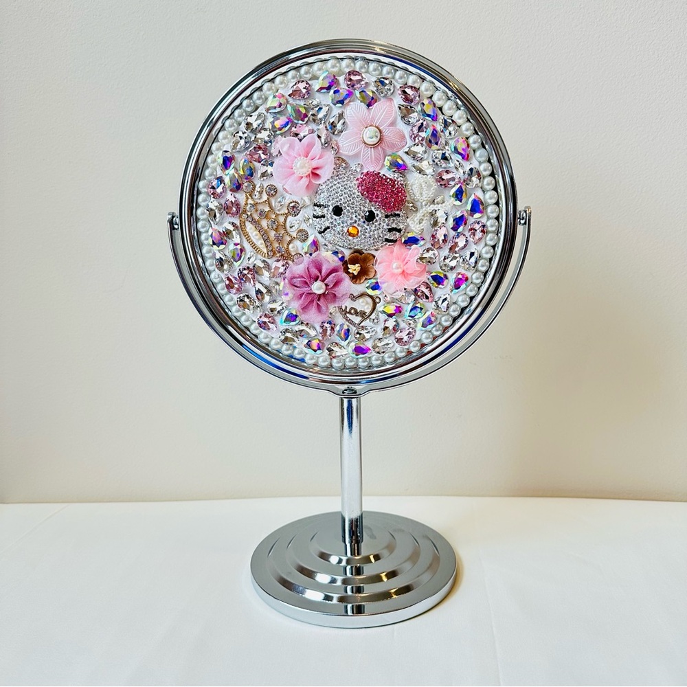 Decorative Silver Vanity Mirror with Pink Accents
